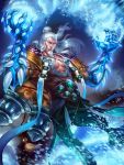  1boy beard blue_eyes facial_hair glowing glowing_eyes hair_bun he_bo_(smite) long_hair male_focus muscle official_art simon_eckert smite solo water white_hair 