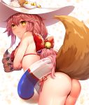  1girl :3 animal_ears ass bare_arms bare_shoulders bell bikini bow cowboy_shot fate/extra fate_(series) fox_ears fox_tail hair_bell hair_bow hair_ornament hat highres innertube jingle_bell kaerunoko leaning_forward long_hair looking_at_viewer looking_down_at_viewer pink_hair red_bikini red_bow side-tie_bikini smile solo string_bikini sun_hat swimsuit tail tamamo_(fate)_(all) tamamo_cat_(fate) transparent white_hat yellow_eyes 