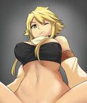  &gt;;/ akame_ga_kill! bangs bare_shoulders black_bra blonde_hair bra breasts closed_mouth detached_sleeves erect_nipples eyebrows eyelashes from_below grey_background hair_between_breasts hair_between_eyes large_breasts leone long_sleeves looking_at_viewer midriff navel one_eye_closed parted_lips r_sin scarf short_hair short_hair_with_long_locks simple_background sitting solo solo_focus spread_legs stomach strapless strapless_bra swept_bangs teeth tubetop underwear yellow_eyes 