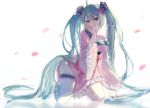  1girl absurdly_long_hair ahoge aqua_hair cherry_blossoms garter_straps hair_between_eyes hand_on_hip hatsune_miku kneeling long_hair off_shoulder sketch smile solo twintails very_long_hair vocaloid white_background wide_sleeves you_hashira 
