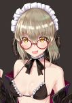 &gt;:d 1girl :d artoria_pendragon_(all) artoria_pendragon_(swimsuit_rider_alter)_(fate) bangs bare_shoulders bespectacled bikini bikini_under_clothes black_bikini_top black_bow black_jacket black_ribbon blush bow bowtie breasts breasts_apart brown_background brown_hair choker collarbone commentary eyebrows_visible_through_hair fang fate/grand_order fate_(series) frilled_bikini frilled_choker frills glasses hair_between_eyes hair_bow hands_up highres jacket long_sleeves looking_at_viewer maid maid_bikini maid_headdress neck_ribbon off_shoulder open_clothes open_jacket open_mouth red-framed_eyewear ribbon round_glasses saber saber_alter short_hair sidelocks simple_background small_breasts smile solo strap_gap swimsuit upper_body white_choker yellow_eyes zhuoji_zhizun 