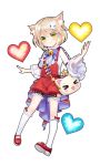  &gt;_&lt; 1girl :d animal_ears bag bell blonde_hair bow bowtie cat_bag cat_ears cat_hair_ornament character_request copyright_request full_body green_eyes hair_ornament hairclip hand_up heart heart-shaped_pupils highres jingle_bell kneehighs long_sleeves looking_at_viewer mvv open_mouth overalls shoes short_hair short_shorts shorts simple_background smile solo symbol-shaped_pupils white_background white_legwear wide_sleeves xd 