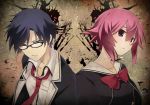  1boy 1girl black-framed_eyewear black_hair black_shirt blue_eyes bow bowtie chaos;child collarbone crying crying_with_eyes_open hair_between_eyes highres miyashiro_takuru necktie onoe_serika parted_lips red_bow red_bowtie red_eyes red_necktie redhead rotte_(1109) school_uniform shirt short_hair_with_long_locks sidelocks tears upper_body white_shirt 