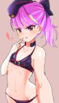  bikini black_bikini chawan_(yultutari) fate/grand_order fate_(series) finger_to_mouth flat_chest hat helena_blavatsky_(fate/grand_order) highres long_hair navel open_mouth outstretched_arm ponytail purple_hair ribbon self_shot smile swimsuit upper_body violet_eyes 