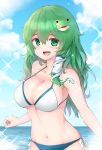  1girl absurdres bare_arms bare_shoulders bikini blue_bikini_bottom breasts cleavage commentary_request day frog_hair_ornament green_eyes green_hair hair_ornament hair_tubes halter_top halterneck highres kochiya_sanae kushidama_minaka large_breasts looking_at_viewer navel open_mouth outdoors smile snake_hair_ornament solo summer swimsuit touhou white_bikini_top 
