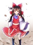  1girl ascot bangs blush boots bow brown_hair closed_mouth detached_sleeves eyebrows_visible_through_hair gohei hair_bow hair_tubes hakurei_reimu holding knee_boots long_hair looking_at_viewer midriff navel red_bow red_eyes red_skirt ribbon-trimmed_sleeves ribbon_trim skirt skirt_set sleeves_past_wrists smile solo standing touhou wide_sleeves xialuluo_(sharuro) 