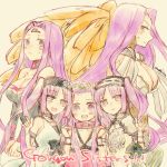  5girls amato_nagi bare_shoulders belt_buckle blush bow breasts buckle choker cleavage cleavage_cutout dress embarrassed euryale eyebrows_visible_through_hair facial_mark fate/grand_order fate/hollow_ataraxia fate/stay_night fate_(series) forehead_mark gorgon_(fate) hairband jewelry lace_trim large_breasts lolita_hairband long_hair looking_at_viewer medusa_(lancer)_(fate) multiple_girls open_mouth purple_hair rider scales siblings side_glance sisters sketch smile snake stheno sweat twins twintails twitter_username very_long_hair violet_eyes white_dress wings x_x 