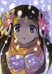  1girl alternate_costume artist_name brown_eyes brown_hair dark_skin fate/prototype fate/prototype:_fragments_of_blue_and_silver fate_(series) flower gloves hair_flower hair_ornament long_hair nefertiti_(fate/prototype_fragments) nekonii open_mouth scarf snowing solo upper_body 