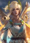  1girl alternate_costume artist_name backlighting blonde_hair blue_eyes blurry bokeh breasts cleavage depth_of_field dress feathered_wings glowing glowing_feather glowing_wings head_wreath headwear high_ponytail highres laurel_crown lazy_eye light_smile lips looking_at_viewer mechanical_wings mercy_(overwatch) nose outdoors overwatch parted_lips pink_lips raikoart see-through_silhouette short_hair short_sleeves signature small_breasts solo spread_wings toga upper_body white_dress winged_victory_mercy wings yellow_wings 