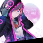  1girl adjusting_hood blue_eyes character_name commentary_request fingerless_gloves gloves hands_on_own_head hood hoodie kaf kky looking_at_viewer neck_ribbon pink_hair ribbon smile solo twitter_username upper_body virtual_kaf virtual_youtuber 