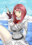  10s 1girl absurdres aqua_eyes ark_royal_(kantai_collection) arrow blush bob_cut bow breasts clouds corset fingerless_gloves flower gloves highres himeneko holding_arrow kantai_collection leg_up looking_at_viewer ocean pantyhose parted_lips red_bow red_ribbon red_rose redhead ribbon rose short_hair shorts showgirl_skirt small_breasts smile solo tiara white_legwear 