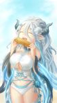  2girls :d bare_shoulders blue_hair breasts chikopudding closed_eyes corn cowboy_shot doraf eyebrows_visible_through_hair flower granblue_fantasy hair_between_eyes hair_flower hair_ornament highres holding horns izmir large_breasts layered_swimsuit long_hair mole mole_under_mouth multiple_girls open_mouth pointy_ears smile standing swimsuit very_long_hair 