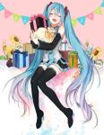  1girl absurdly_long_hair black_boots black_skirt blue_hair blue_nails blue_necktie boots box closed_eyes detached_sleeves eyebrows_visible_through_hair flower fullb_ody gift gift_box grey_shirt hair_between_eyes hair_ornament happy_birthday hatsune_miku high_heel_boots high_heels highres holding letter long_hair miniskirt moegi0926 nail_polish necktie open_mouth pink_background pleated_skirt shirt sitting skirt sleeveless sleeveless_shirt solo sunflower thigh-highs thigh_boots twintails very_long_hair vocaloid yellow_flower 