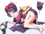  1girl absurdres all_fours black_hair blue_eyes calligraphy_brush fate/grand_order fate_(series) flower hair_flower hair_ornament hairpin highres ink japanese_clothes katsushika_hokusai_(fate/grand_order) kimono looking_at_viewer nedia_(nedia_region) octopus paint_on_body paintbrush shadow short_hair solo white_background 