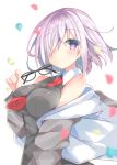  1girl bare_shoulders black-framed_eyewear fate/grand_order fate_(series) hair_over_one_eye jacket lavender_hair looking_at_viewer necktie satsuki_mayuri shielder_(fate/grand_order) short_hair solo violet_eyes 