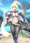  &gt;:( 1girl armor armored_boots bangs belt blonde_hair blue_eyes blue_sky blurry blurry_background boots breastplate breasts cloak clouds cloudy_sky column day elf eyebrows eyebrows_visible_through_hair eyelashes forest gauntlets grass greaves hair_between_eyes highres knee_boots knife knight leggings long_hair looking_at_viewer medium_breasts midriff muscle muscular_female nature original outdoors panties_under_leggings parted_lips pillar plant pointy_ears ponytail ruins sand signature simple_background sky solo standing stomach stone sunlight sword teeth the-sinner the_sun torso tree water weapon white_cloak 