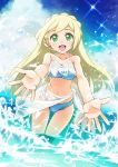  1girl :d bare_arms beach bikini blue_bikini blue_sky braid clouds cloudy_sky day french_braid green_eyes hands highres lillie_(pokemon) long_hair looking_at_viewer navel ocean open_mouth outdoors outstretched_arms partially_submerged pokemon pokemon_(game) pokemon_sm pov sky smile solo sparkle swimsuit water wet white_bikini_top 