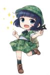  1girl backpack bag bangs black_hair blunt_bangs blush_stickers brown_shoes camouflage camouflage_hat camouflage_shirt camouflage_skirt chibi dark_haired_kappa green_eyes holding looking_at_viewer no_nose shoes short_hair short_sleeves skirt skirt_set solo sparkle touhou ys_(fall) 