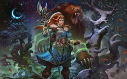  1girl artio_(smite) bear boots braid earrings facial_mark fingerless_gloves flower fur_trim gloves headband jewelry leaf long_hair moonk night night_sky official_art orange_hair ponytail simon_eckert sky smite snow snowing solo staff star_(sky) tattoo tree 