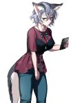  1girl animal_ears breasts cat_ears cat_tail cellphone denim heterochromia jeans jewelry looking_at_viewer necklace original pants phone short_hair silver_hair simple_background smartphone solo tail violet_eyes white_background yana_(nekoarashi) 