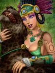  1girl artist_name awilix_(smite) bare_shoulders black_hair blue_eyes breasts cleavage crown dated earrings fangs feathers fur_trim hairlocs highres jaguar jaguar_ears jaguar_tail jewelry makeup mirco_cabbia necklace open_mouth smite solo tattoo teeth 