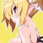  1girl bare_shoulders blonde_hair blush breasts disgaea from_side iwasi-r looking_at_viewer makai_senki_disgaea_2 parted_lips pointy_ears profile red_eyes rozalin short_hair sideboob solo topless upper_body wings yellow_background 