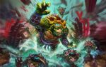  1boy fur_trim furry green_skin highres kappa kuzenbo_(smite) official_art red_eyes scales sharp_teeth simon_eckert smite solo teeth turtle_shell water 