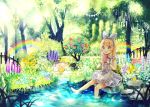  1girl barefoot blonde_hair blush food green_eyes hairband highres holding holding_food looking_away medium_hair niikura_kaori open_mouth original rainbow sitting smile soaking_feet solo tree water 