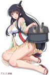  10s 1girl black_hair breasts cannon casual_one-piece_swimsuit cleavage feet fusou_(kantai_collection) headgear highres kantai_collection long_hair looking_at_viewer machinery medium_breasts one-piece_swimsuit red_eyes sandals sarong shin&#039;en_(gyokuro_company) sitting solo swimsuit toes white_swimsuit yokozuwari 