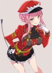  1girl bangs belt cravat fate/grand_order fate_(series) gloves grey_background hat licking_lips looking_at_viewer medb_(fate/grand_order) mutou_kurihito pink_hair riding_crop skirt solo tongue tongue_out yellow_eyes 