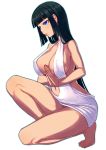  1girl bare_shoulders barefoot black_hair breasts cleavage dress erect_nipples feet hands_together highres kazuki_kisuke large_breasts lips long_hair navel parted_lips simple_background solo thighs toes very_long_hair white_background white_dress 