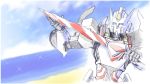  1boy artist_request autobot beach blue_eyes blue_sky closed_umbrella clouds day drift holding holding_umbrella looking_at_viewer machine machinery mecha no_humans ocean outdoors personification robot sand sky smile solo sparkle transformers umbrella water 