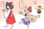  &gt;:&lt; 3girls :&lt; ^_^ barefoot black_eyes black_hair blonde_hair blush bow bowl closed_eyes closed_mouth commentary detached_sleeves food hair_bow hair_tubes hakurei_reimu highres horn_bow horns ibuki_suika kuranosuke large_bow long_hair multiple_girls omurice oversized_object plate purple_hair skirt skirt_set socks sukuna_shinmyoumaru touhou translated very_long_hair vest yellow_ascot 