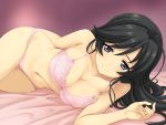  1girl ahoge arm_behind_back bangs bed black_eyes black_hair bow bow_bra bra breasts cleavage closed_mouth collarbone eitarou_(kaminari_neko) girls_und_panzer isuzu_hana lace lace_bra lace_panties lingerie long_hair looking_at_viewer lying medium_breasts navel on_side panties pink_bra pink_panties smile solo underwear underwear_only 