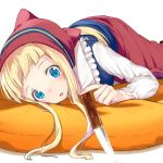  1girl absurdres bangs blonde_hair blue_eyes blunt_bangs borrowed_character dress dx_(dekusu) eila_halltunen hat highres holding holding_weapon knife long_hair long_sleeves looking_at_viewer lying on_stomach open_mouth original pillow sidelocks simple_background solo tareme traditional_clothes triangle_mouth weapon white_background 