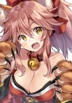  &gt;:o 1girl :o animal_ears bare_shoulders bell bell_choker breasts choker cleavage collarbone fangs fate/grand_order fate_(series) fox_ears hair_ribbon jingle_bell kakao_rantan long_hair looking_at_viewer paws pink_hair ribbon solo tamamo_(fate)_(all) tamamo_cat_(fate) upper_body white_background yellow_eyes 
