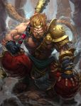  1boy abs bandage barefoot_sandals beard brolo brown_hair facial_hair fingerless_gloves fur_trim gloves glowing glowing_eyes jewelry mace male_focus monkey_tail muscle nail_polish necklace pointy_ears rock shirtless smite solo sun_wukong_(smite) tail teeth weapon yellow_eyes 