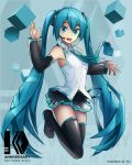  1girl absurdres aqua_eyes aqua_hair artist_name character_name cube detached_sleeves full_body hatsune_miku headset highres long_hair looking_at_viewer necktie open_mouth see-through skirt solo thigh-highs twintails very_long_hair vladislav_ton vocaloid waving 