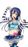  1girl artist_request bangs bare_shoulders blue_hair blue_skirt blush bow breasts brown_eyes character_name cheerleader collarbone copyright_name elbow_gloves fingerless_gloves frills gloves headset long_hair looking_at_viewer love_live! love_live!_school_idol_festival love_live!_school_idol_festival_after_school_activity love_live!_school_idol_project midriff navel official_art open_mouth skirt small_breasts smile solo sonoda_umi star striped takaramonozu thigh-highs transparent_background 