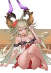  1girl ahoge arm_support bare_shoulders barefoot beach bikini bikini_under_clothes breasts cleavage collarbone doraf flower granblue_fantasy grey_hair hair_between_eyes hair_flower hair_ornament hand_up hibiscus horns large_breasts leg_up legs long_hair looking_at_viewer neckerchief off_shoulder open_mouth red_bikini red_eyes red_neckerchief red_skirt reido_(reido_c) sailor_collar sarasa_(granblue_fantasy) see-through shirt sitting skirt smile solo swimsuit thighs twilight very_long_hair white_border white_shirt 