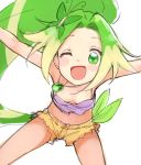  1girl ;d \o/ arms_up breasts butterfly_hair_ornament camisole downblouse green_eyes green_hair hair_ornament highres midriff nyama one_eye_closed open_mouth outstretched_arms purple_camisole shorts sketch small_breasts smile solo 