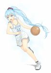  1girl anarchojs basketball blue_eyes blue_hair copyright_name full_body hatsune_miku highres long_hair open_mouth ponytail shoes shorts simple_background sneakers solo very_long_hair vocaloid white_background 