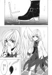  1girl boots bow comic feathered_wings greyscale highres jacket kakao_(noise-111) kishin_sagume monochrome single_wing skirt tail tapir_tail touhou translation_request wings 