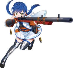  &gt;:o 1girl :o antique_firearm bangs blue_hair blunt_bangs detached_sleeves firearm firelock flintlock full_body gloves gun imai_hiyoko looking_at_viewer nakatsu_(oshiro_project) official_art oshiro_project oshiro_project_re partly_fingerless_gloves solo transparent_background twintails weapon yellow_eyes 