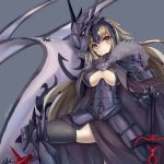  1girl armor armored_dress bangs black_legwear blonde_hair blush breasts cape cowboy_shot fate/grand_order fate_(series) faulds flag fur_trim gauntlets greaves headpiece helmet holding holding_sword holding_weapon jeanne_alter kurokage large_breasts long_hair looking_at_viewer ruler_(fate/apocrypha) smile solo sword thigh-highs very_long_hair weapon yellow_eyes 
