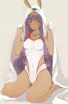  animal_ears bangs bare_legs barefoot bed_sheet beige_background blunt_bangs blush breasts covered_navel dark_skin eyebrows_visible_through_hair facial_mark fate/grand_order fate_(series) folded_leg hair_ornament hood hoodie jewelry long_hair looking_at_viewer medium_breasts necklace nitocris_(swimsuit_assassin)_(fate) one-piece_swimsuit purple_hair sheet_grab sidelocks simple_background sitting sumisu_(mondo) swimsuit very_long_hair violet_eyes white_swimsuit 