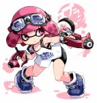  1girl bangs bike_shorts black_shorts blue_shoes blunt_bangs closed_mouth commentary_request cross-laced_footwear dapple_dualies_(splatoon) domino_mask dual_wielding frown goggles goggles_on_head holding holding_weapon ink_tank_(splatoon) inkling inkling_(language) karukan_(monjya) looking_to_the_side mask pointy_ears print_shirt shirt shoes short_hair shorts sneakers solo splatoon splatoon_2 standing tank_top tentacle_hair tiptoes weapon white_background white_shirt 