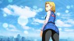 1girl android_18 ass astroboy84 blonde_hair breasts city denim dragon_ball dragonball_z earrings highres jewelry looking_at_viewer pantyhose short_hair skirt solo 