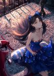  1girl artist_name bangs bare_shoulders blue_bow blue_dress bow breasts brown_eyes closed_mouth collarbone dress evening fate/grand_order fate_(series) floating_hair ground_vehicle hair_bow highres holding holding_dress ishtar_(fate/grand_order) legs_crossed long_hair looking_at_viewer motor_vehicle out_of_frame outdoors parted_bangs rean_(r_ean) scooter signature sitting small_breasts smile solo_focus standing tohsaka_rin town two_side_up wind 