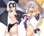  2girls arched_back argyle_cutout ass bangs bare_shoulders blonde_hair blue_bow blue_eyes blue_leotard blush bow braid breasts chains character_name cleavage cleavage_cutout closed_mouth collar commentary_request detached_sleeves fate/apocrypha fate/grand_order fate_(series) hair_bow hand_up headpiece highres hips jeanne_alter large_breasts leotard long_braid long_hair looking_at_viewer looking_to_the_side metal_collar multiple_girls parasol racequeen ruler_(fate/apocrypha) short_hair silver_hair simple_background single_braid smile thighs umbrella untsue very_long_hair waist waving white_background yellow_eyes 